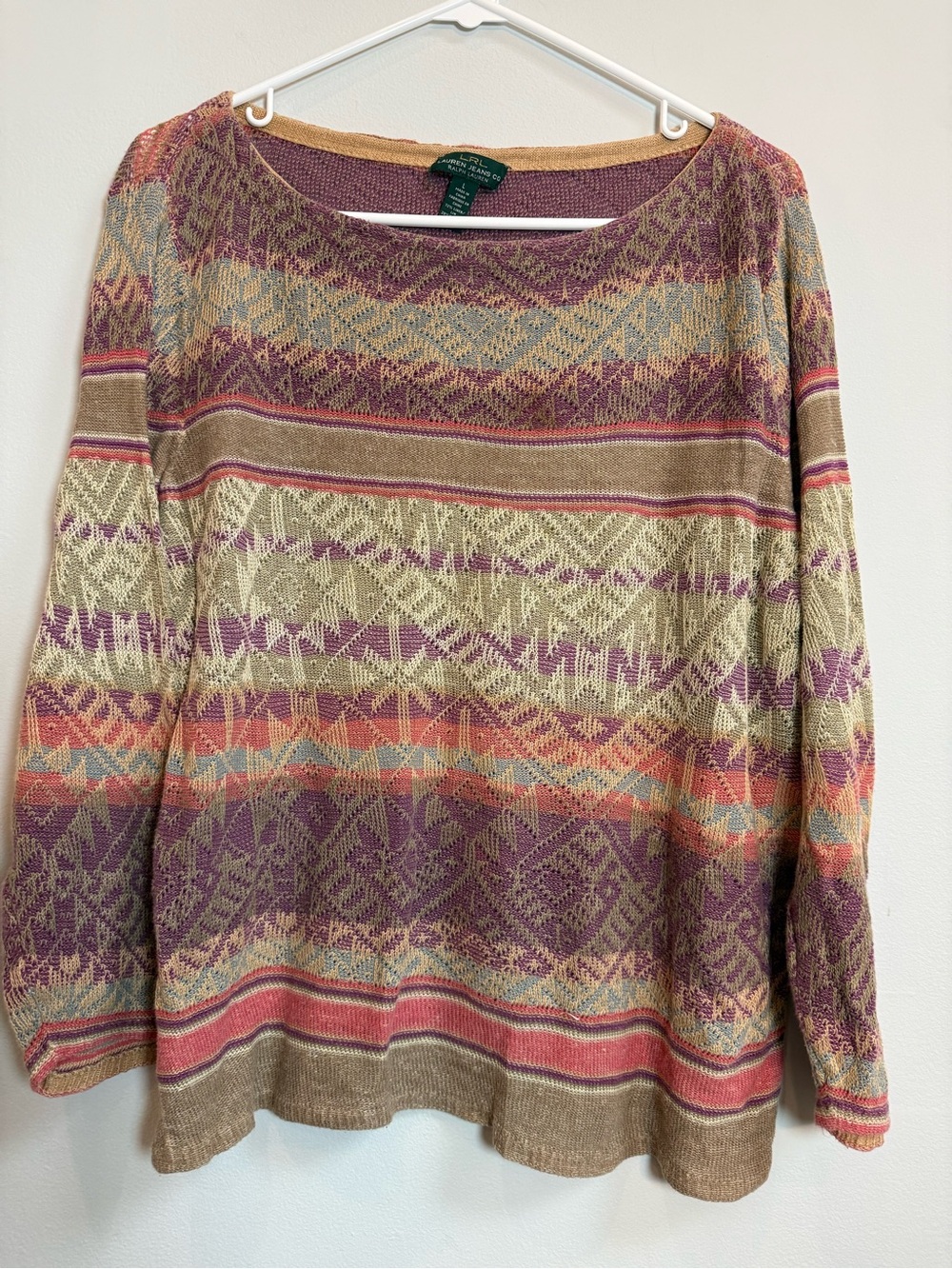 Ralph Lauren Multicolor Patterned Linen Cotton-Blend Sweater - Pink/Tan/Purple